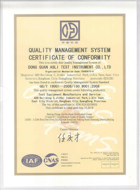 Çin ASLi (China) Test Equipment Co., Ltd Sertifikalar